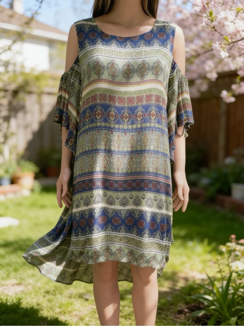 Luxology Cold Shoulder Boho Paisley Dress Size 16 Lined Rayon